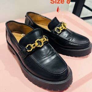 Black Leather Loafers with Gold Chain